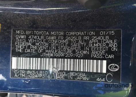 2015 Lexus Es 300H из США, поврежденный, VIN JTHBW1GG9F2091927